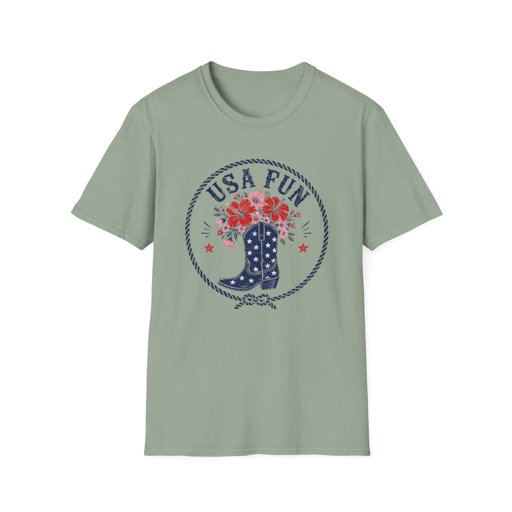 USA Fun Floral Cowboy Boot T-Shirt, Western Patriotic Hibiscus Boot Tee, Country 4th of July Rope Circle Shirt, Star Boot Wildflower America Gift