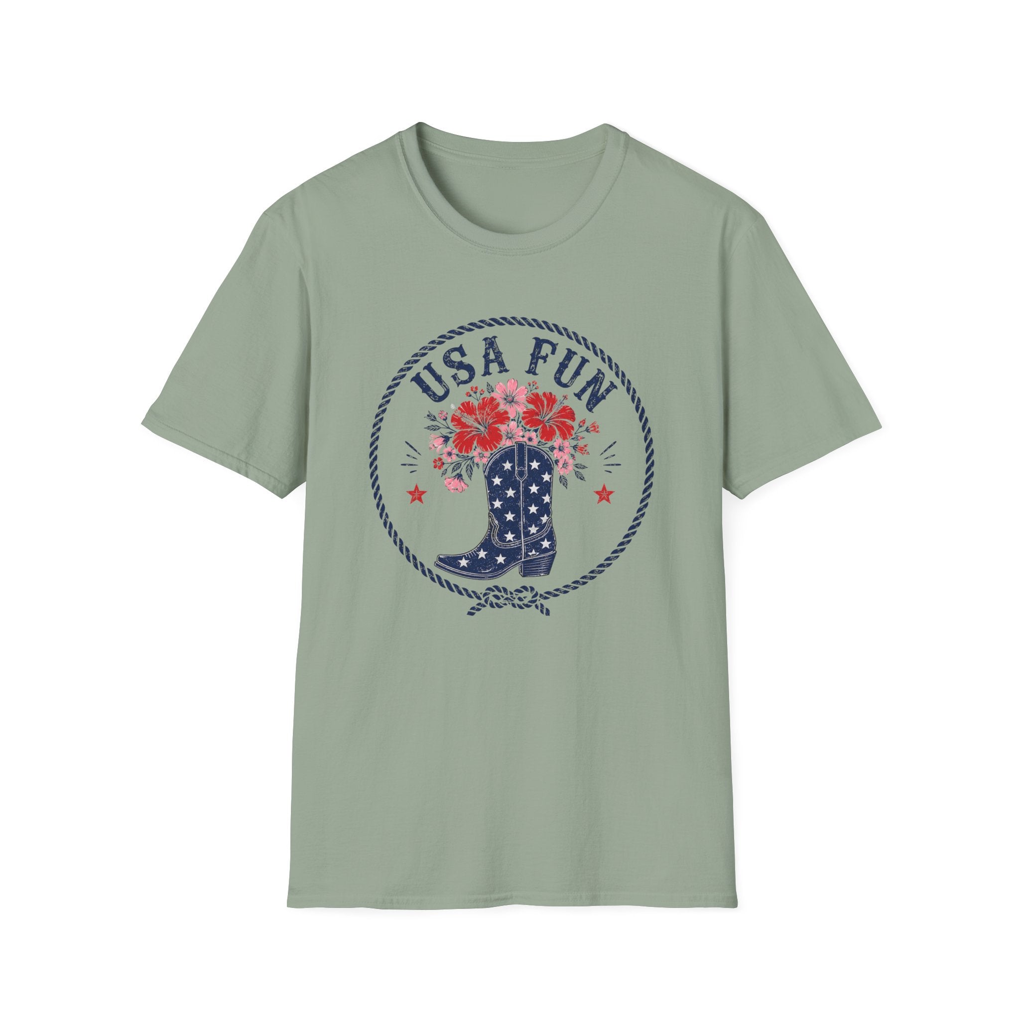 USA Fun Floral Cowboy Boot T-Shirt, Western Patriotic Hibiscus Boot Tee, Country 4th of July Rope Circle Shirt, Star Boot Wildflower America Gift