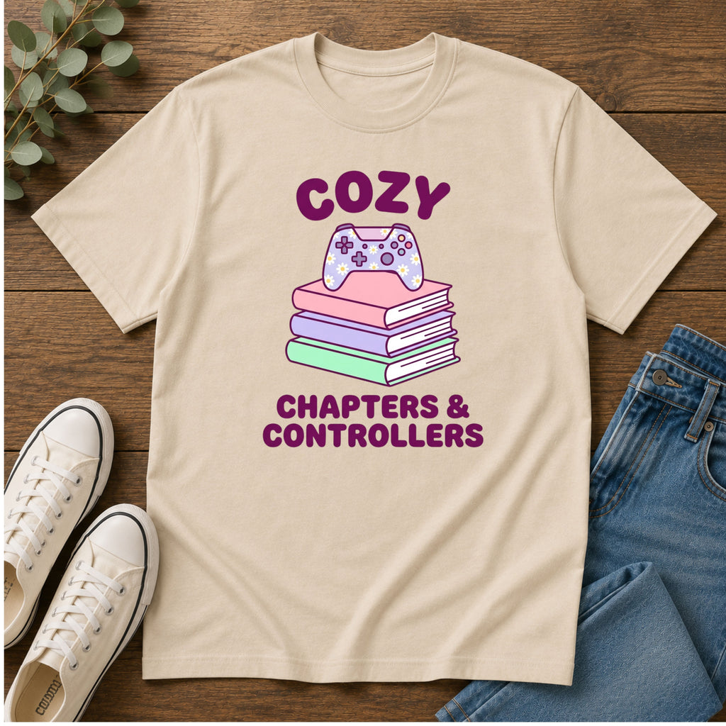 Cozy Chapters & Controllers T-Shirt — Gamer & Booklover Graphic Tee