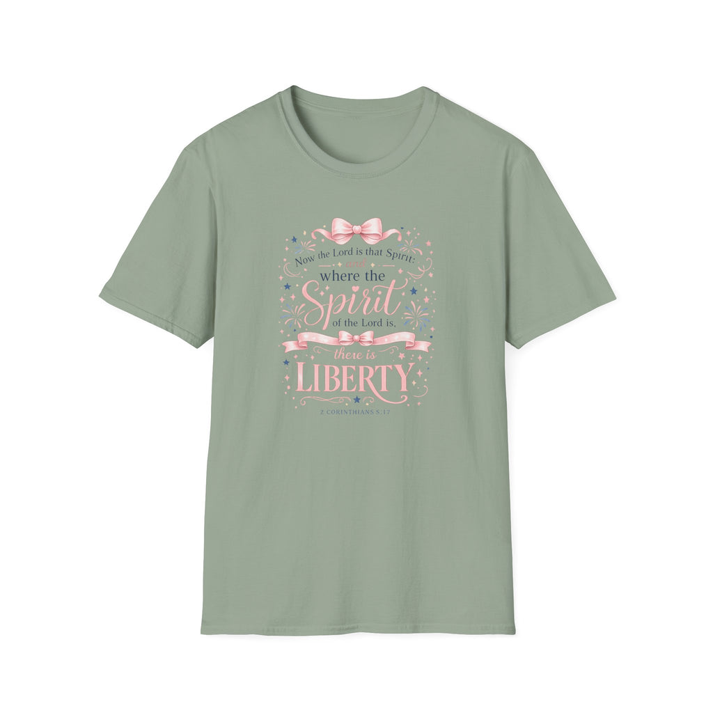 Where The Spirit Of The Lord Is Liberty T-Shirt | Christian Bible Verse Graphic Tee, Pink Coquette Ribbon Bow Top