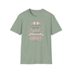 Where The Spirit Of The Lord Is Liberty T-Shirt | Christian Bible Verse Graphic Tee, Pink Coquette Ribbon Bow Top