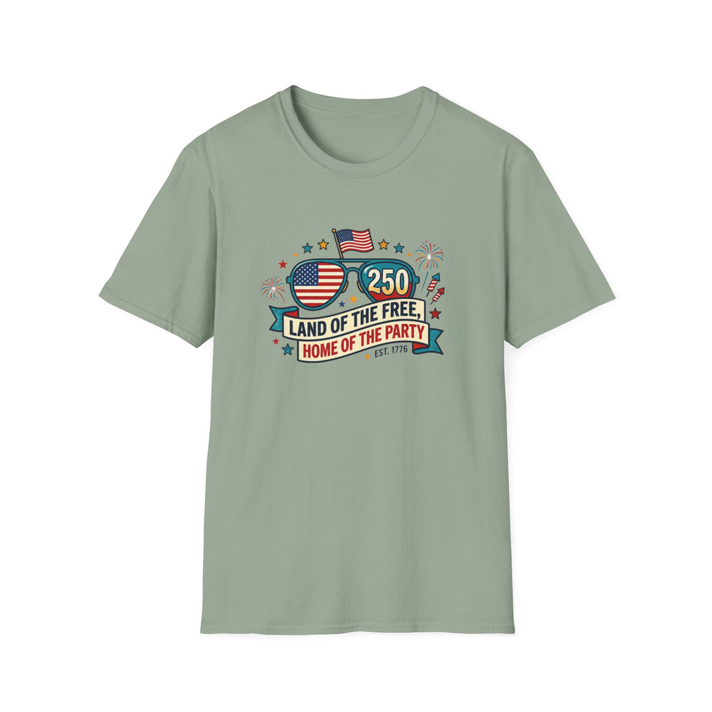 Land of the Free Home of the Party Tee, USA 250 Sunglasses Shirt, Red White Blue Celebration Graphic Top, Patriotic Fourth of July Outfit T-Shirt