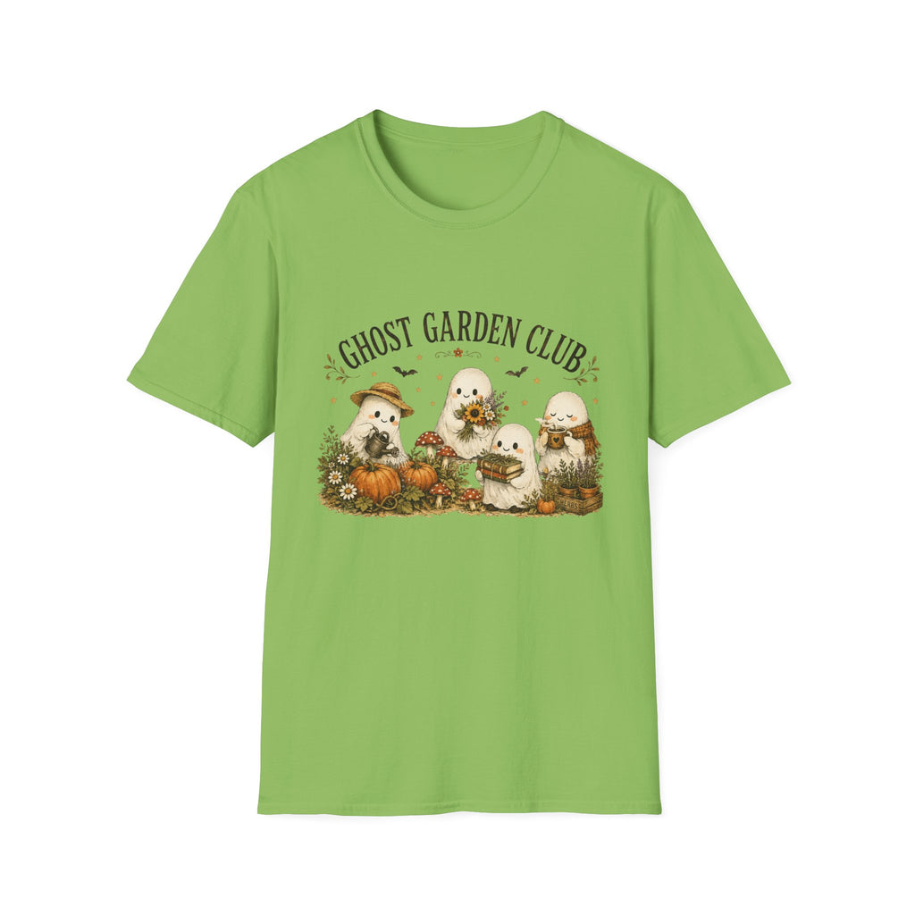 Ghost Garden Club T-Shirt — Cute Autumn Halloween Ghosts with Pumpkins & Flowers