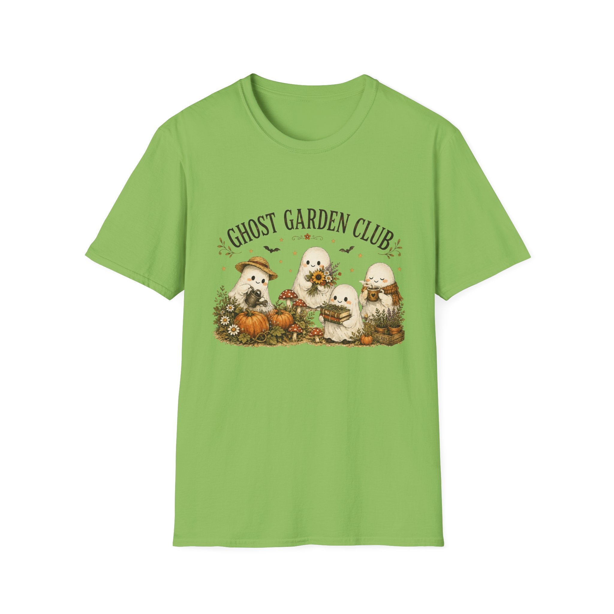 Ghost Garden Club T-Shirt — Cute Autumn Halloween Ghosts with Pumpkins & Flowers