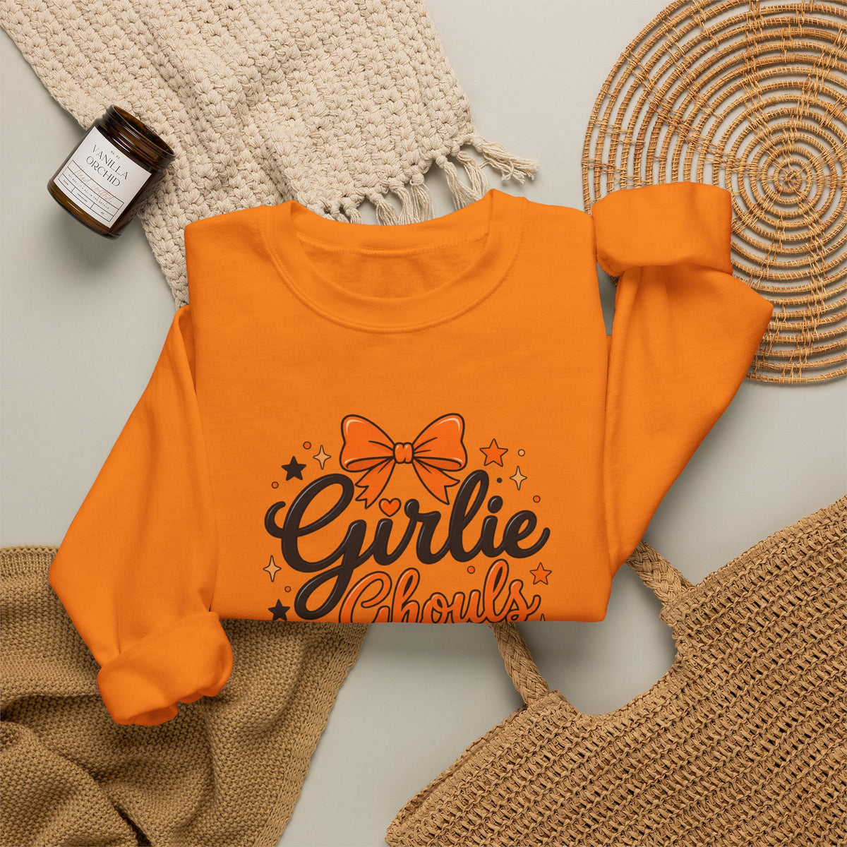 Girlie Ghouls Halloween Cute Orange Bow Spooky Crewneck Sweatshirt