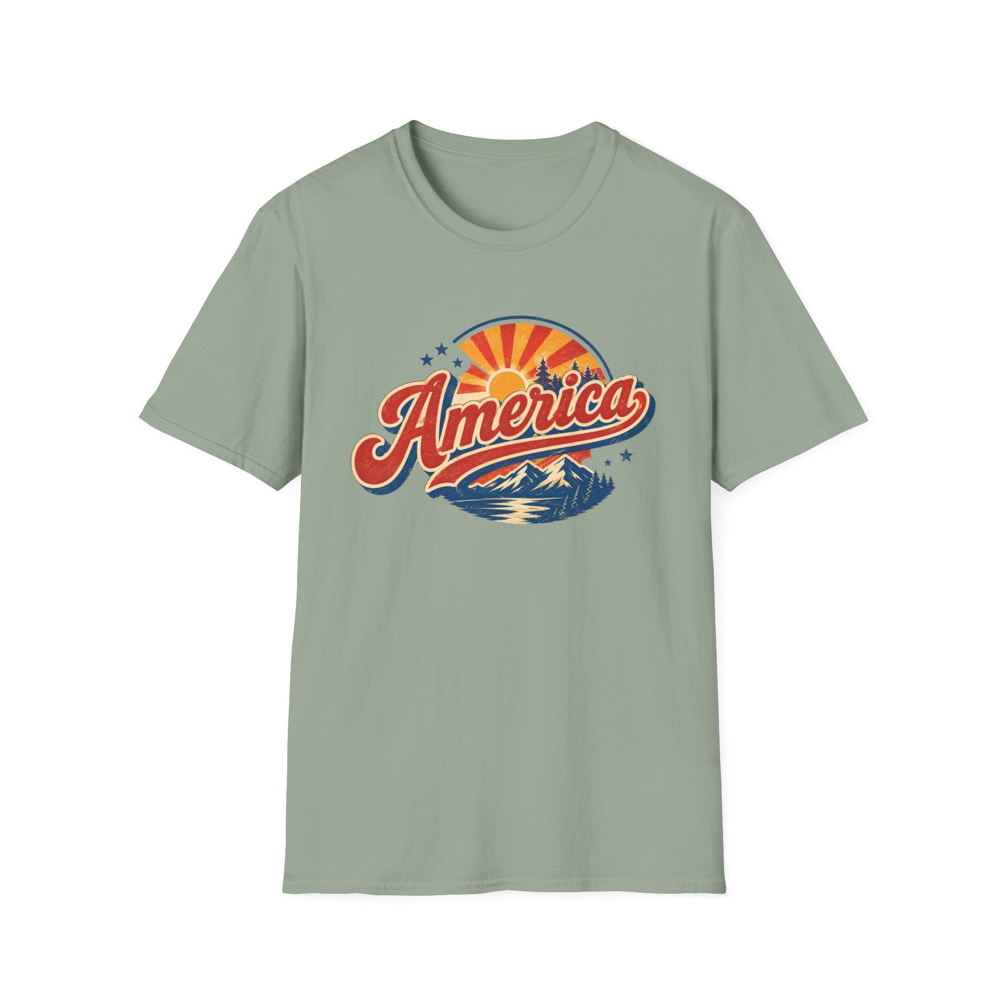 Retro America Shirt 4th of July Vintage Mountain Graphic Tee Sunset Landscape Fourth July Patriotic Stars Nature Lover