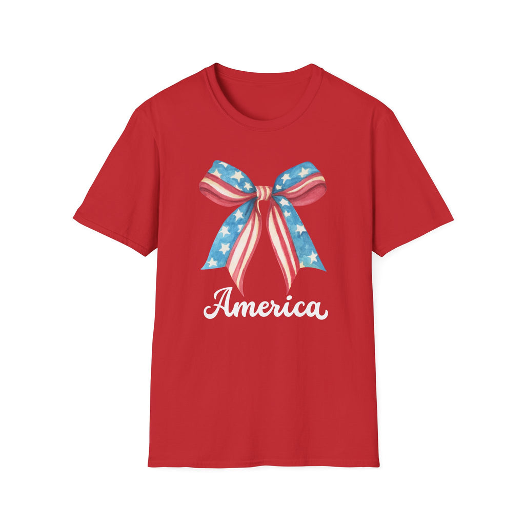 Coquette Patriotic Bow Shirt, 4th of July Women's T-Shirt, American Flag Bow Tee, USA Watercolor Bow, Stars and Stripes Shirt, Independence Day Gift
