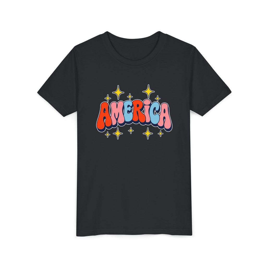 America Bubble Letters Tee, Patriotic Red Blue Graphic Shirt, Cute USA Star Design Top, Fourth of July Celebration Outfit Youth Short Sleeve Tee