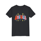 America Bubble Letters Tee, Patriotic Red Blue Graphic Shirt, Cute USA Star Design Top, Fourth of July Celebration Outfit Youth Short Sleeve Tee