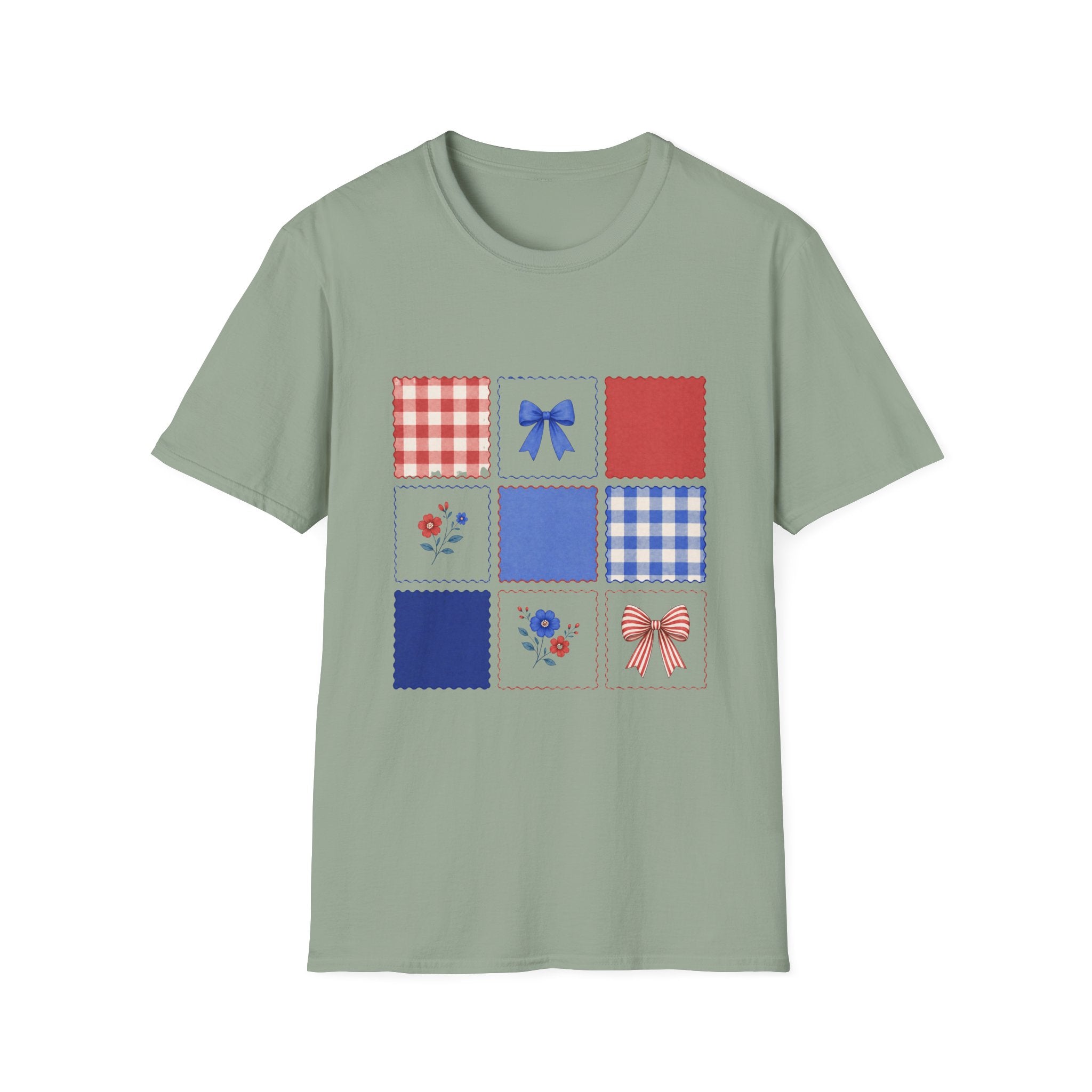 Patriotic Quilt Patch T-Shirt, Coquette Bow Gingham Nine Patch Tee, Cottagecore 4th of July Grid Shirt, Red Blue Floral Folk Quilt Square