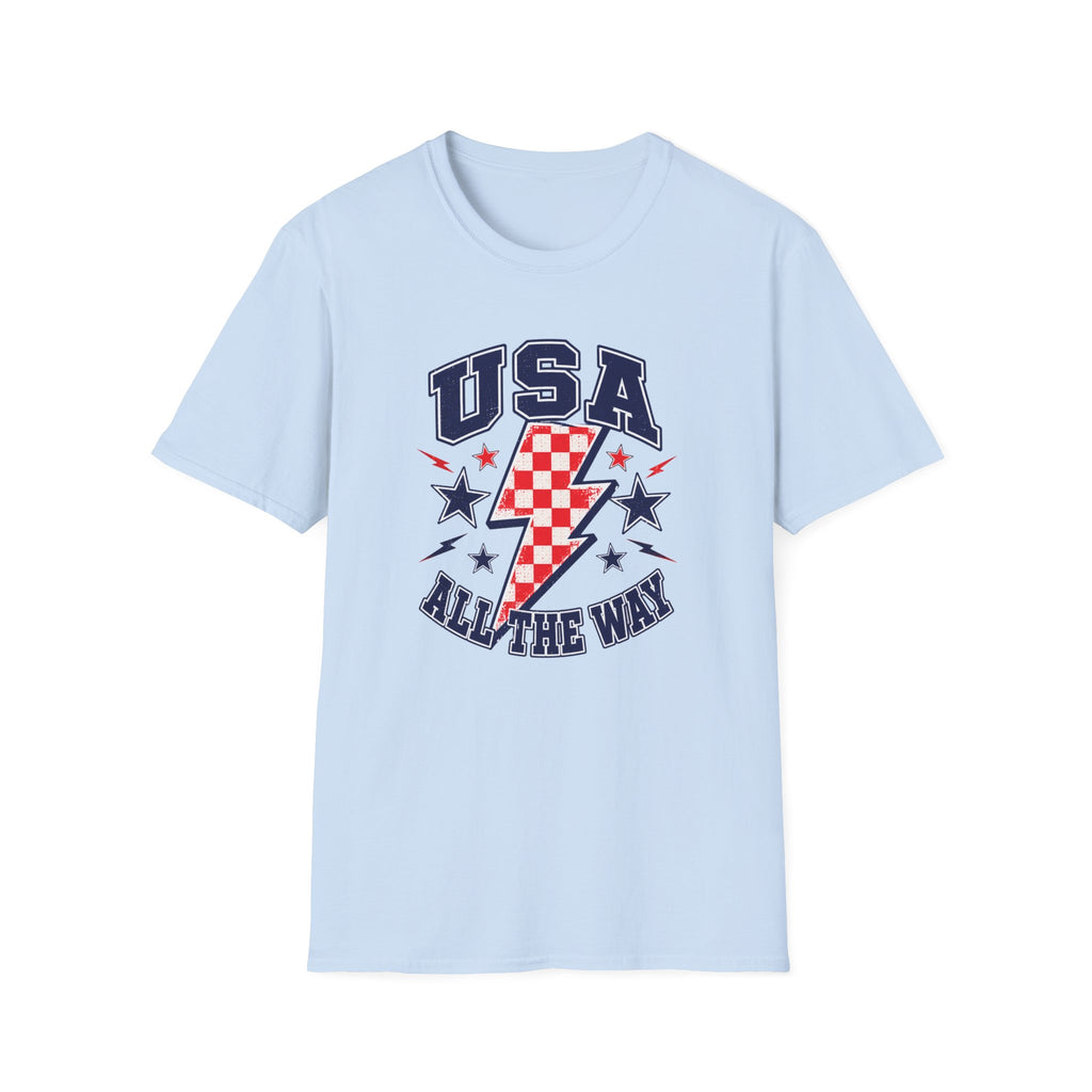 USA All The Way Patriotic T-Shirt, Retro Americana Graphic Tee, Vintage Fourth of July Shirt, Lightning Bolt Checkered Design, Summer Independence Day Apparel T-Shirt