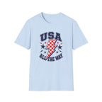 USA All The Way Patriotic T-Shirt, Retro Americana Graphic Tee, Vintage Fourth of July Shirt, Lightning Bolt Checkered Design, Summer Independence Day Apparel T-Shirt
