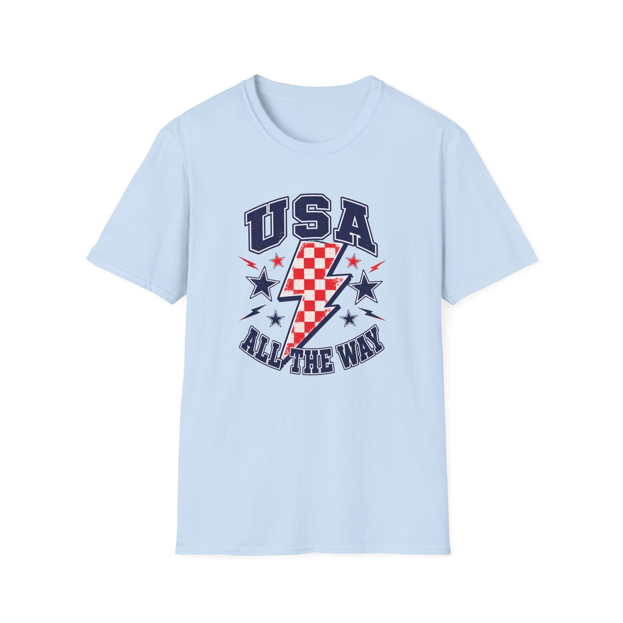USA All The Way Patriotic T-Shirt, Retro Americana Graphic Tee, Vintage Fourth of July Shirt, Lightning Bolt Checkered Design, Summer Independence Day Apparel T-Shirt