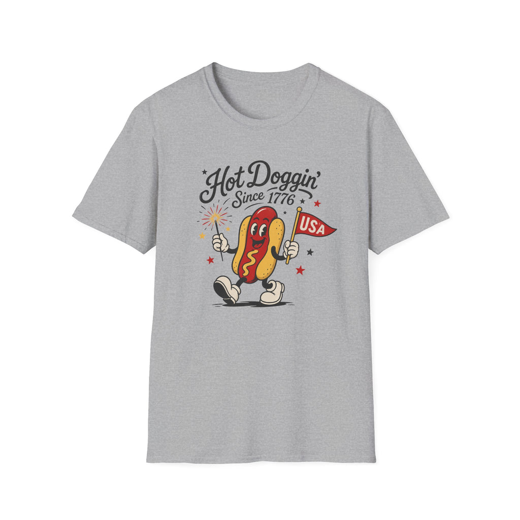 Hot Doggin Since 1776 Tee, Patriotic USA Hot Dog Shirt, Fun Red White Blue Graphic Top, Fourth of July Celebration Outfit Unisex Softstyle T-Shirt