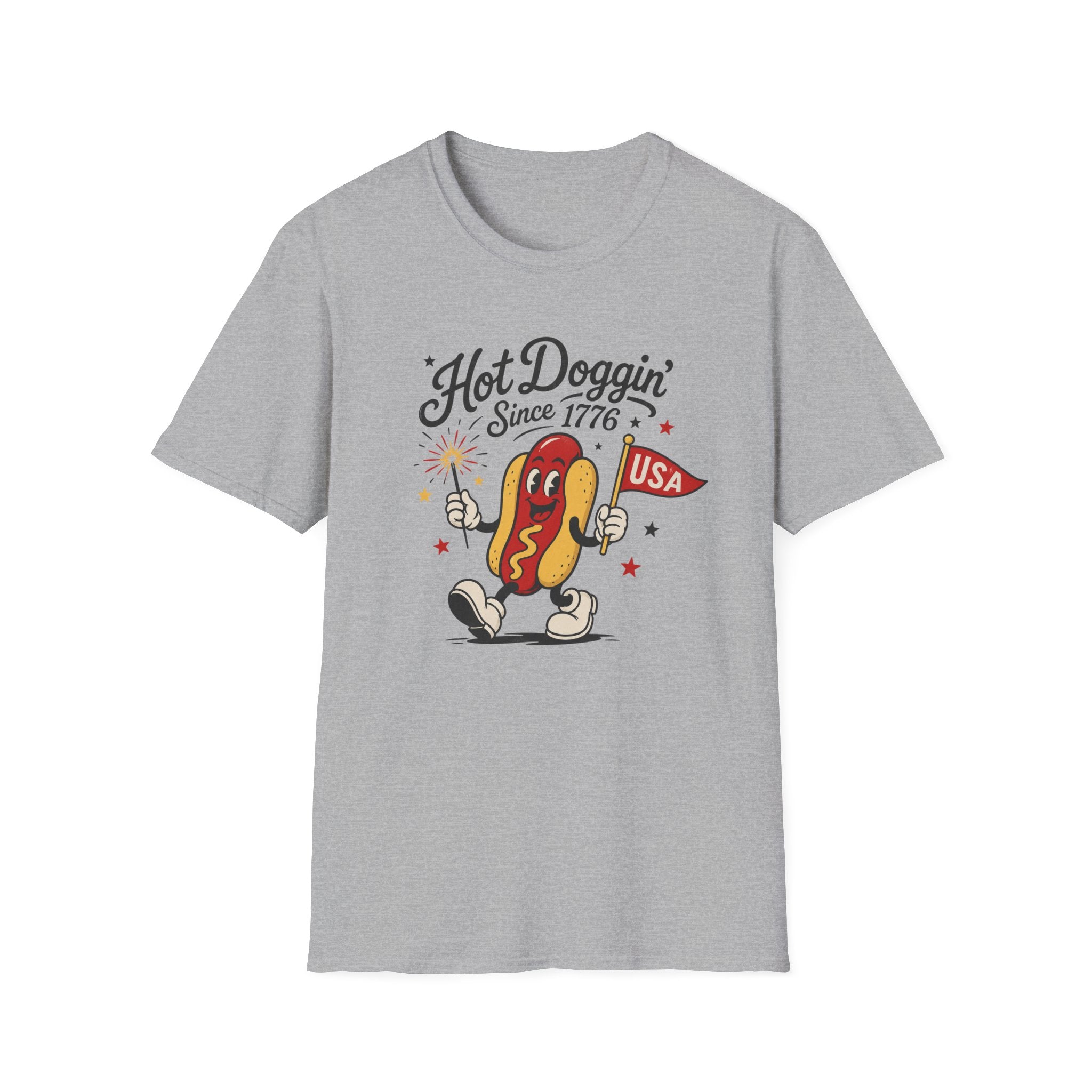 Hot Doggin Since 1776 Tee, Patriotic USA Hot Dog Shirt, Fun Red White Blue Graphic Top, Fourth of July Celebration Outfit Unisex Softstyle T-Shirt