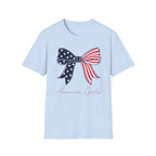 American Girlie Bow Shirt, Clean Split Flag Coquette Tee, Navy Stars Red Stripes Bow 4th of July Women Girls, Bold Graphic Patriotic Script Gift Independence Day