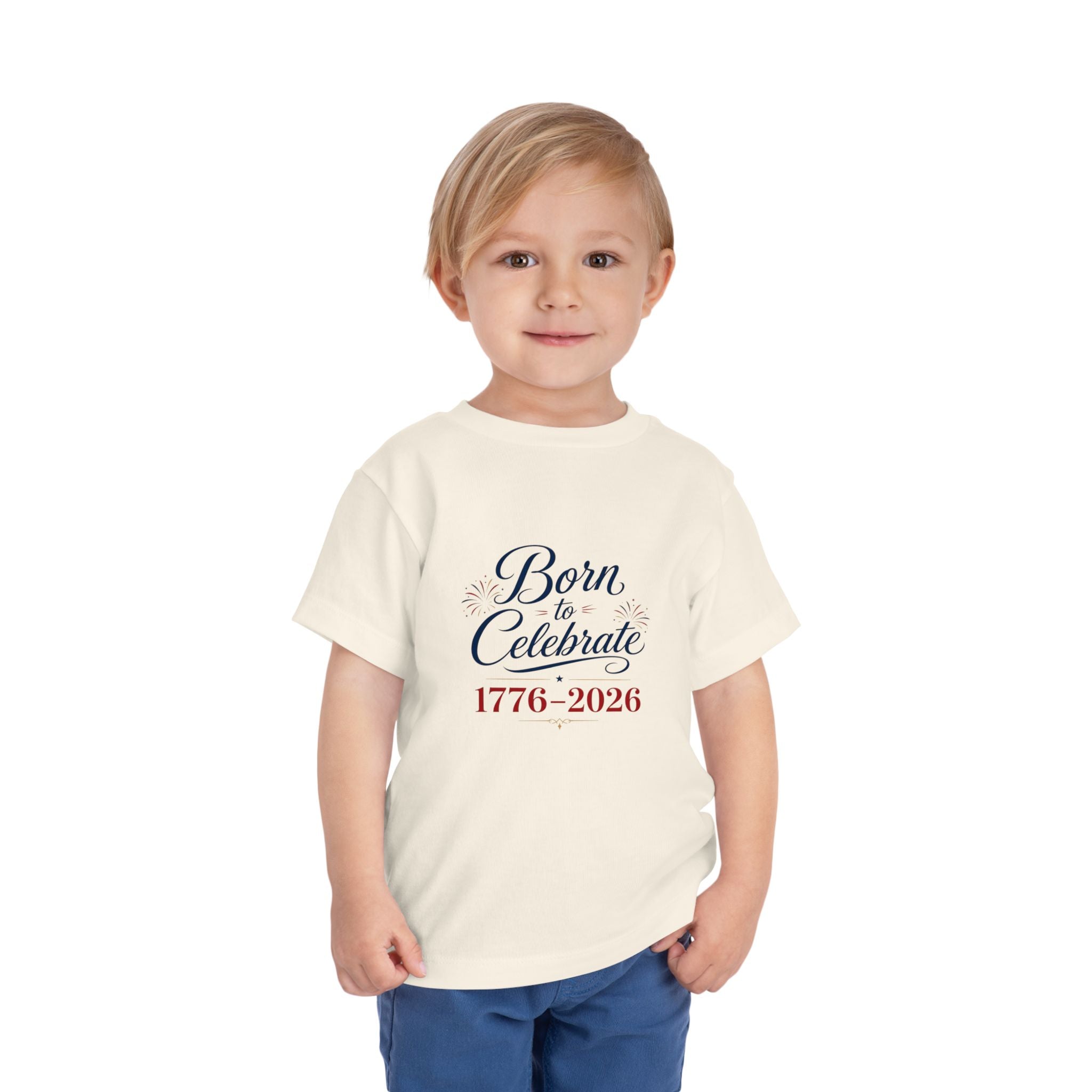 Born to Celebrate 1776 2026 Tee, Patriotic USA Anniversary Shirt, Red White Blue Fireworks Graphic Top, Semiquincentennial Celebration Outfit Toddler Short Sleeve Tee