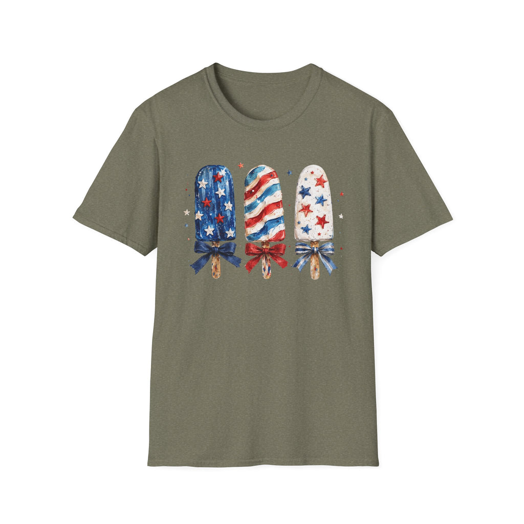 Patriotic Popsicle T-Shirt, Watercolor 4th of July Ice Cream Bow Tee, Cute Summer America Popsicle Shirt, Stars Stripes Coquette Bow Treat Gift Women