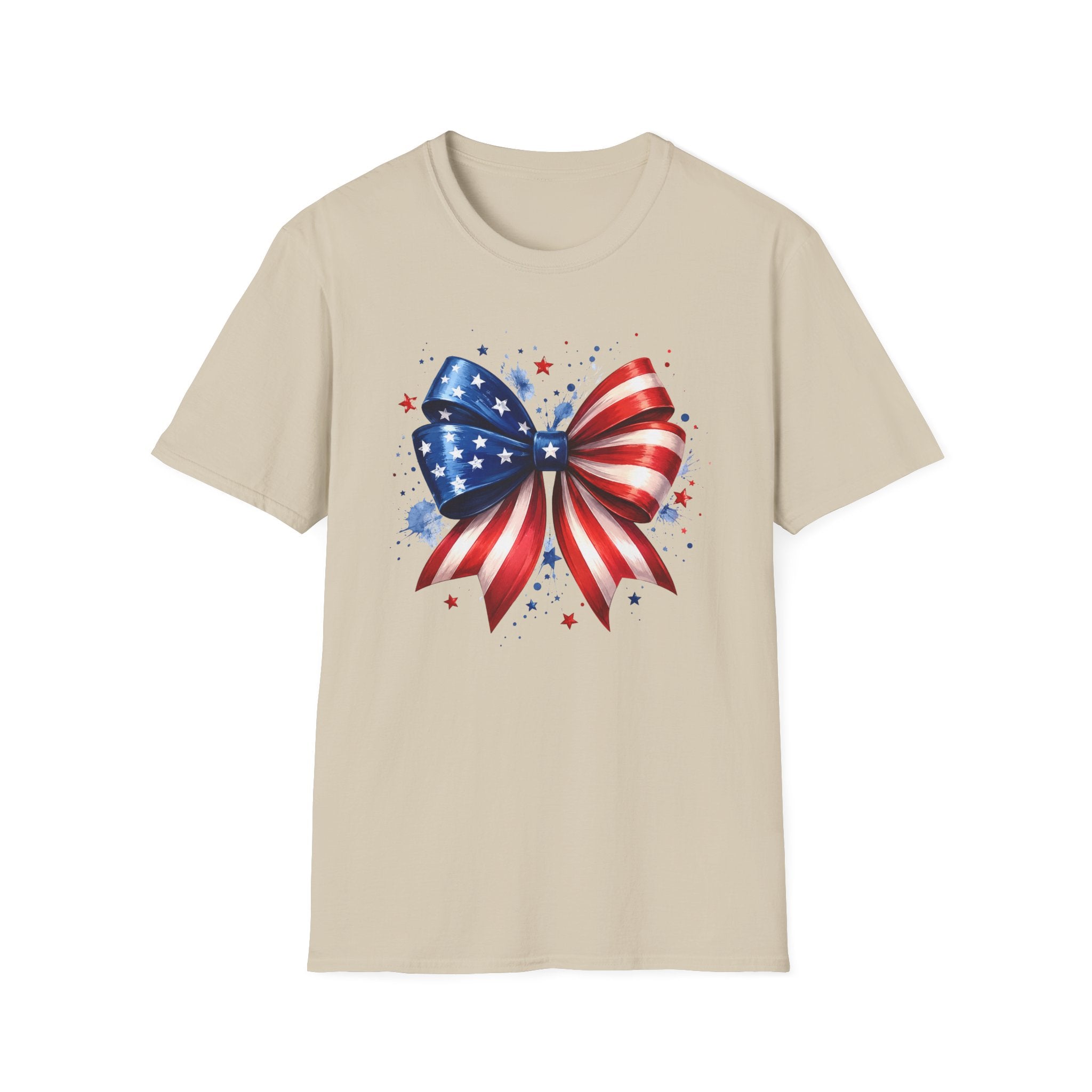 Watercolor American Flag Bow 4th of July Graphic Tee Stars Stripes - Patriotic Coquette T-Shirt