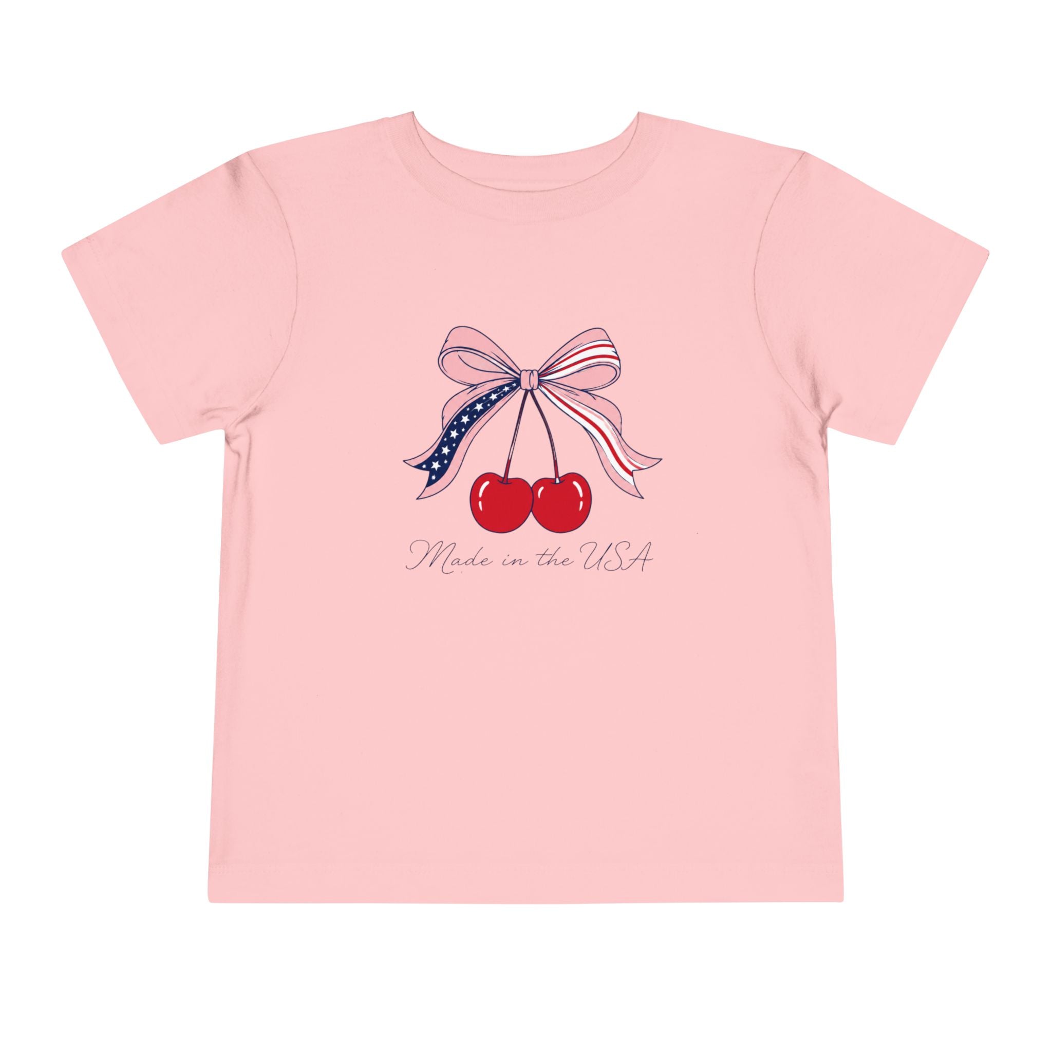 Made in the USA Cherry Tee, Patriotic Red White Blue Shirt, Cute Bow Fruit Graphic Top, Fourth of July Summer Outfit Toddler Short Sleeve Tee