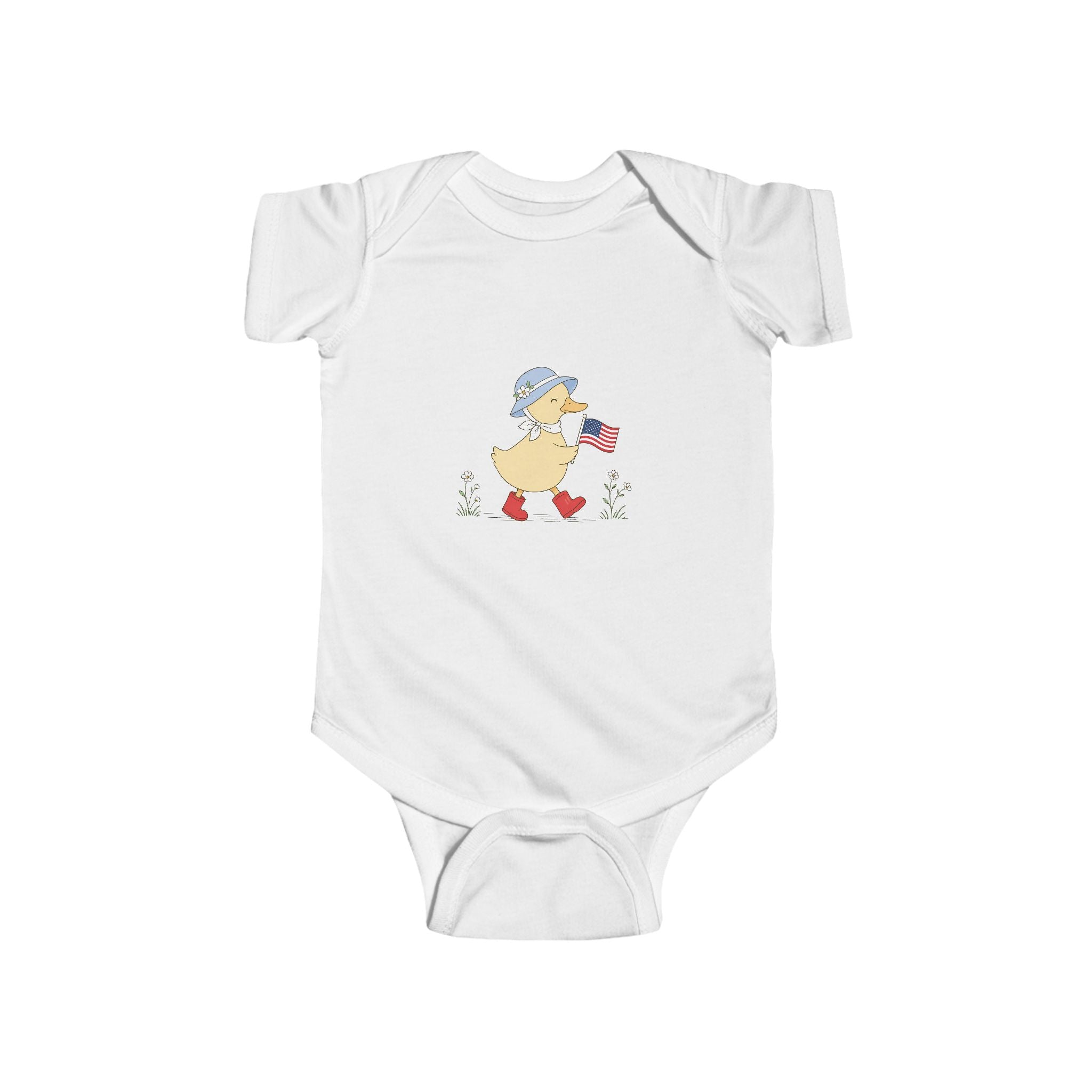 Patriotic Duck Baby Onesie, Cute USA Flag Outfit, Red White Blue Infant Graphic Bodysuit, Fourth of July Celebration Wear Infant Fine Jersey Bodysuit
