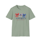 America Land of the Free Graphic Tee - Patriotic 4th of July Coquette Bow T-Shirt