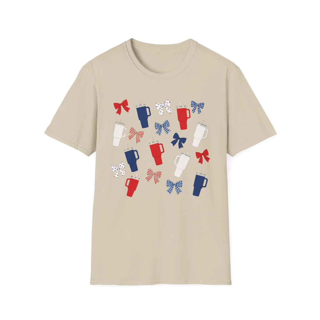 Patriotic Coffee Lover T-Shirt, Americana Bow Graphic Tee, Fourth of July Iced Drink Shirt, Cute Summer Cafe Apparel, Coquette USA Outfit