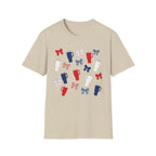 Patriotic Coffee Lover T-Shirt, Americana Bow Graphic Tee, Fourth of July Iced Drink Shirt, Cute Summer Cafe Apparel, Coquette USA Outfit