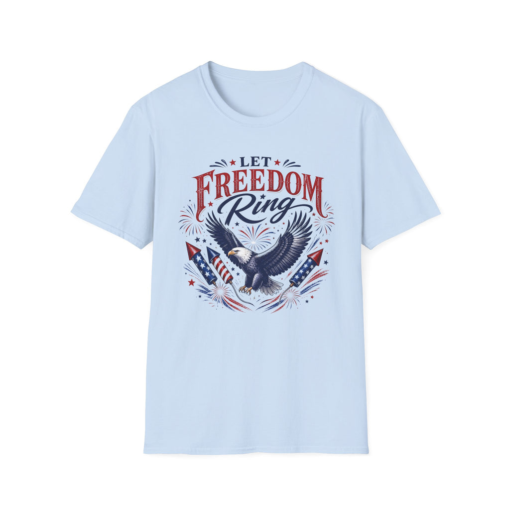 Let Freedom Ring T-Shirt | Patriotic American Bald Eagle Graphic Tee, Fourth Of July Retro Fireworks Top