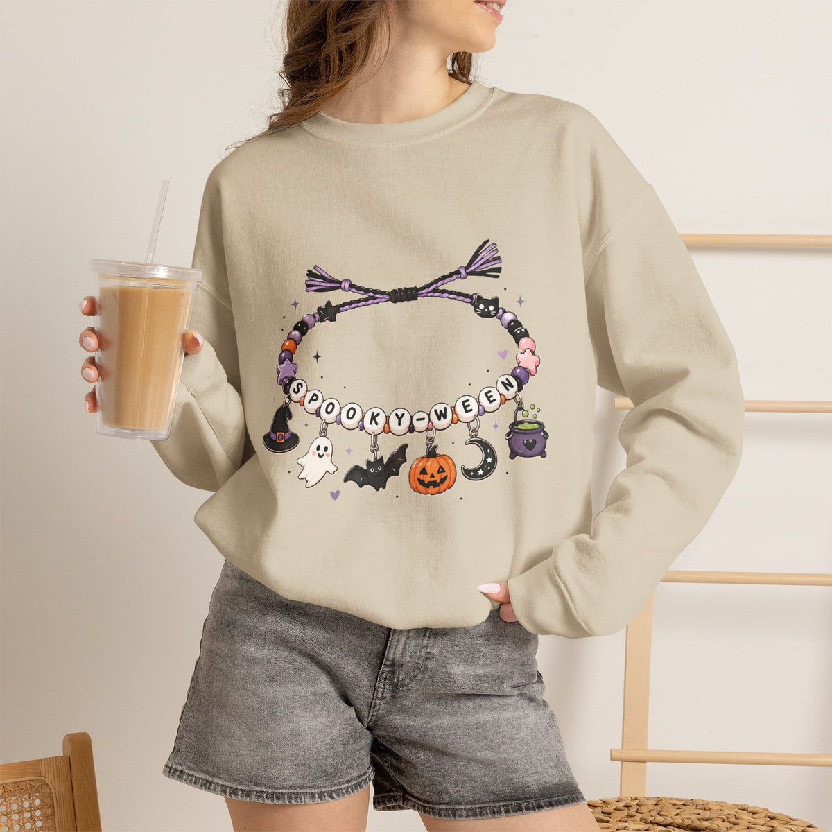 Halloween Spooky Vibes Friendship Bracelet Crewneck Sweatshirt