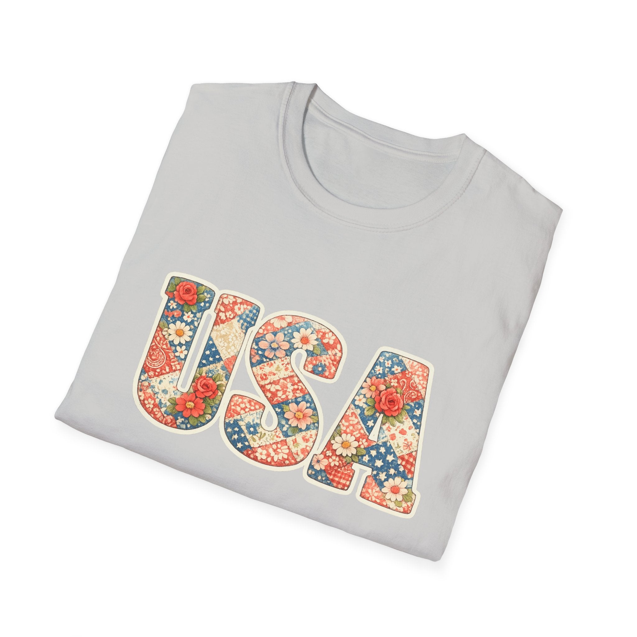 Quilted Patchwork USA T-Shirt, Vintage Floral Rose Daisy America Tee, Cottagecore Patriotic Letter Shirt, 4th of July Grandma Quilt Style
