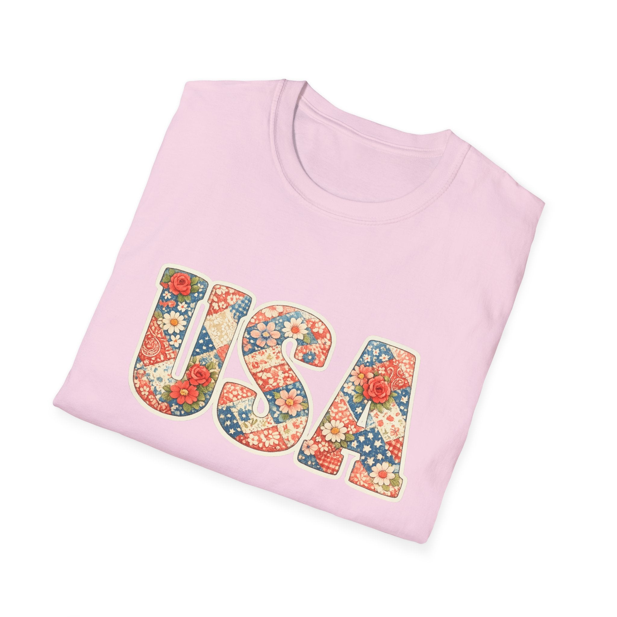 USA Floral Patchwork T-Shirt | Patriotic Block Lettering Graphic Tee, Fourth Of July Vintage Cottagecore Top