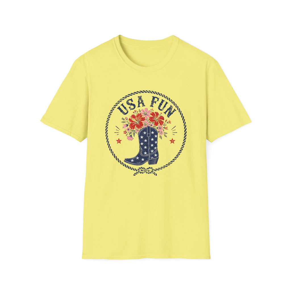 USA Fun Floral Cowboy Boot T-Shirt, Western Patriotic Hibiscus Boot Tee, Country 4th of July Rope Circle Shirt, Star Boot Wildflower America Gift