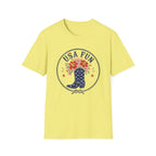 USA Fun Floral Cowboy Boot T-Shirt, Western Patriotic Hibiscus Boot Tee, Country 4th of July Rope Circle Shirt, Star Boot Wildflower America Gift