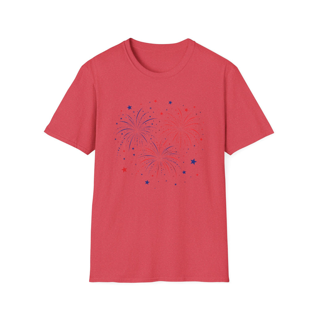 Minimalist Patriotic Fireworks T-Shirt | Fourth Of July American Flag Colors Graphic Tee, Red White Blue Stars Top