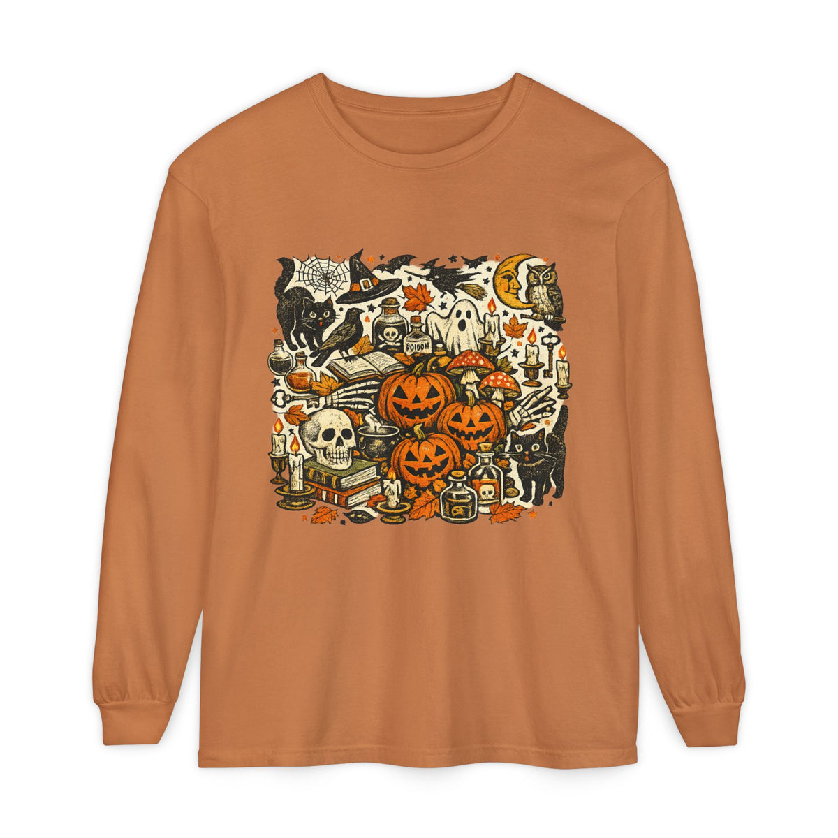 Halloween Vintage Pumpkins, Cats & Spooky Night Long Sleeve T-Shirt