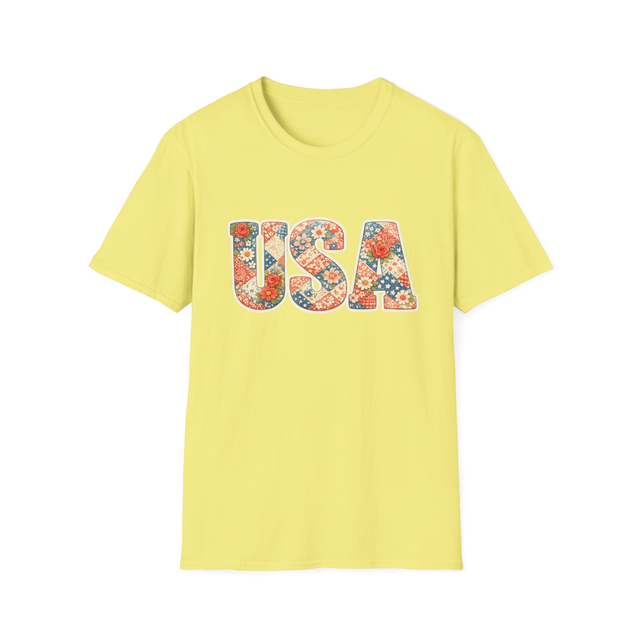 Quilted Patchwork USA T-Shirt, Vintage Floral Rose Daisy America Tee, Cottagecore Patriotic Letter Shirt, 4th of July Grandma Quilt Style