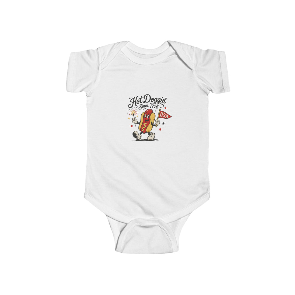 Hot Doggin Since 1985 Baby Onesie, Retro Hot Dog Infant Bodysuit, Funny Cartoon Graphic Outfit, Cute Novelty Baby Wear Infant Fine Jersey Bodysuit