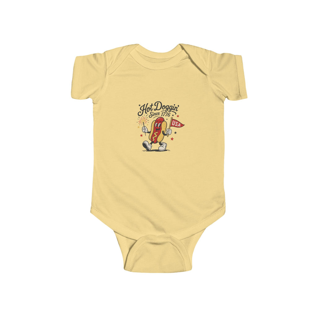 Hot Doggin Since 1985 Baby Onesie, Retro Hot Dog Infant Bodysuit, Funny Cartoon Graphic Outfit, Cute Novelty Baby Wear Infant Fine Jersey Bodysuit