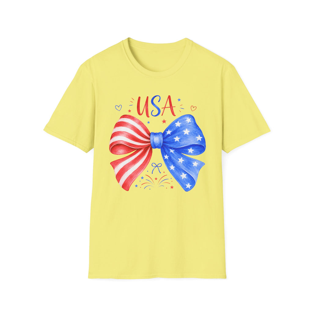 USA Patriotic Bow Tee, Red White Blue Fireworks Shirt, Cute American Pride Graphic Top, Fourth of July Celebration Outfit T-Shirt