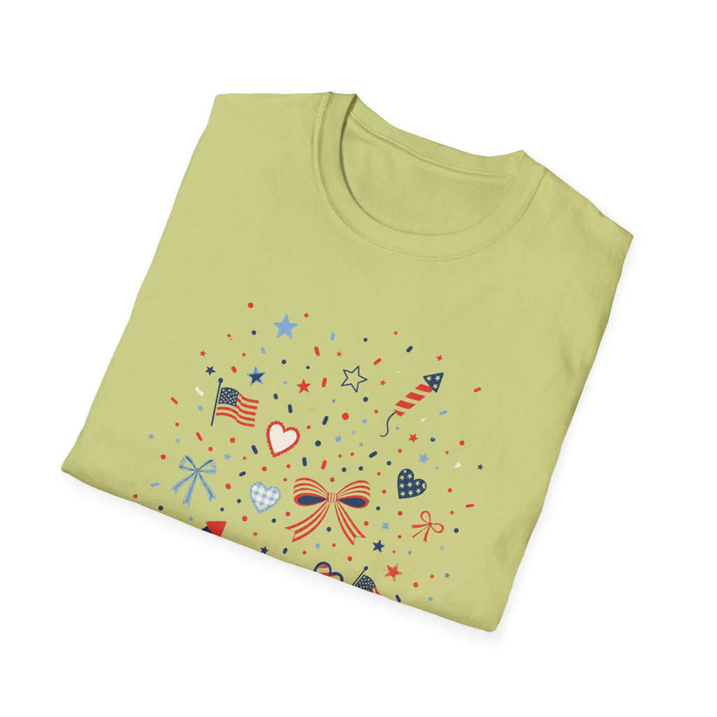 Patriotic Doodle Collage T-Shirt, Cute 4th of July Bow Heart Flag Confetti Tee, Whimsical Festive America Shirt, Coquette Patriotic Icon Scatter Gift