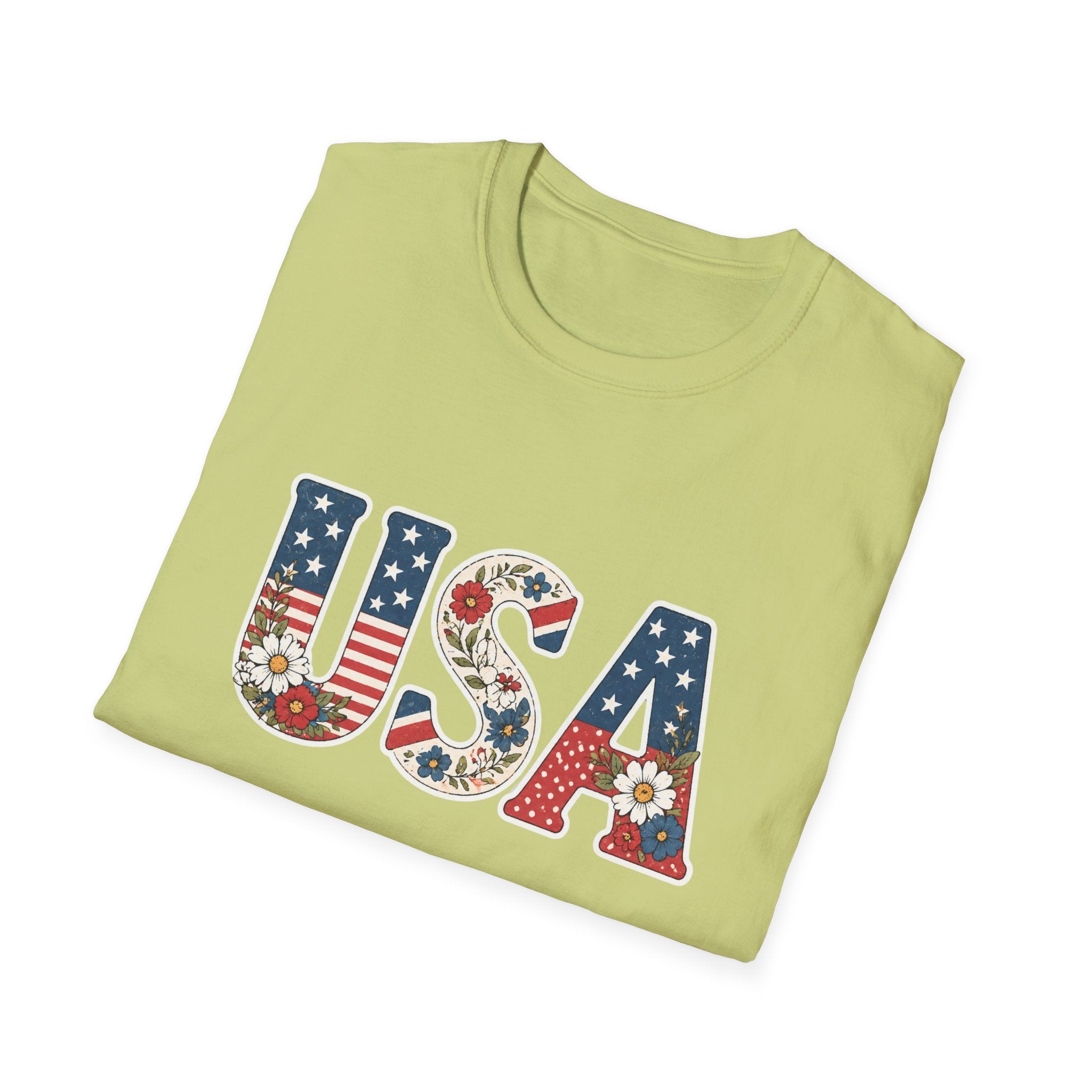 Floral USA T-Shirt, Cottagecore Patriotic Flower Letter Tee, 4th of July Wildflower America Shirt, Stars Stripes Daisy Poppy Gift, Vintage Botanical