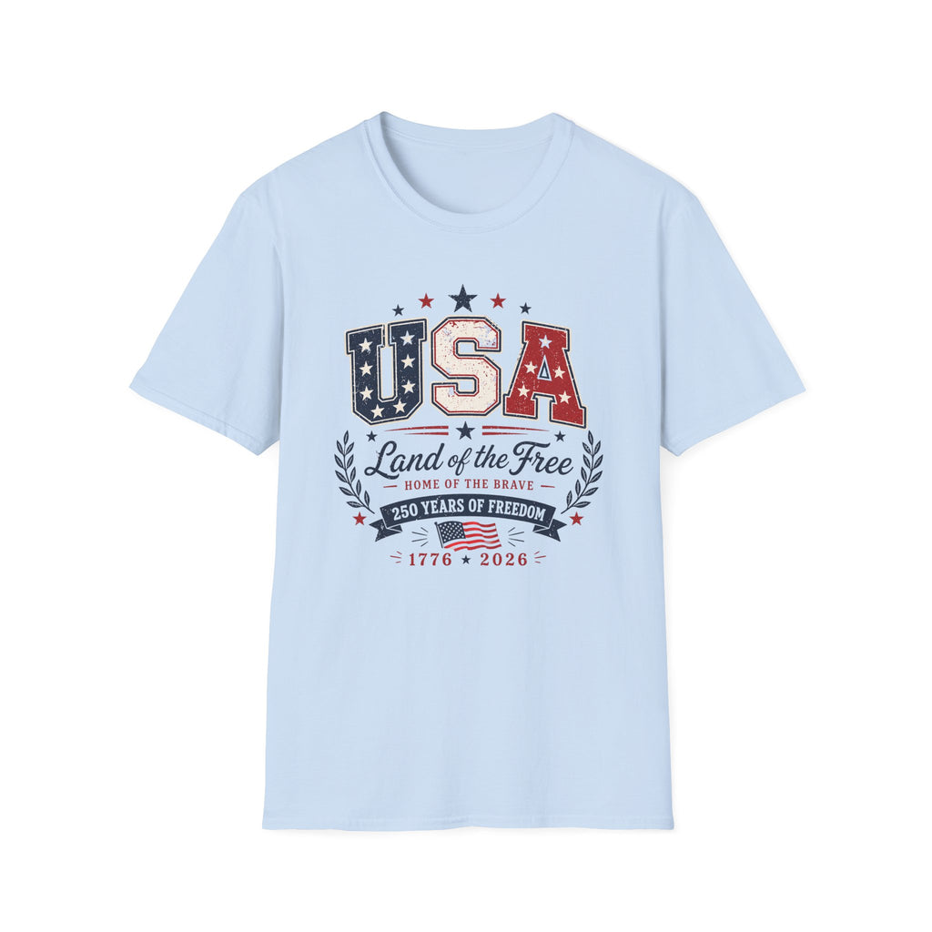 Vintage USA 250 Years of Freedom Graphic Tee - 2026 4th of July Semiquincentennial Patriotic Land of the Free T-Shirt