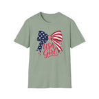 USA Girl T-Shirt, Coquette Flag Bow Pink Script Tee, 4th of July Girl Shirt Women Teens, Stars Stripes Bow Sparkle Patriotic Gift, Cute Pink Script Independence Day Tee