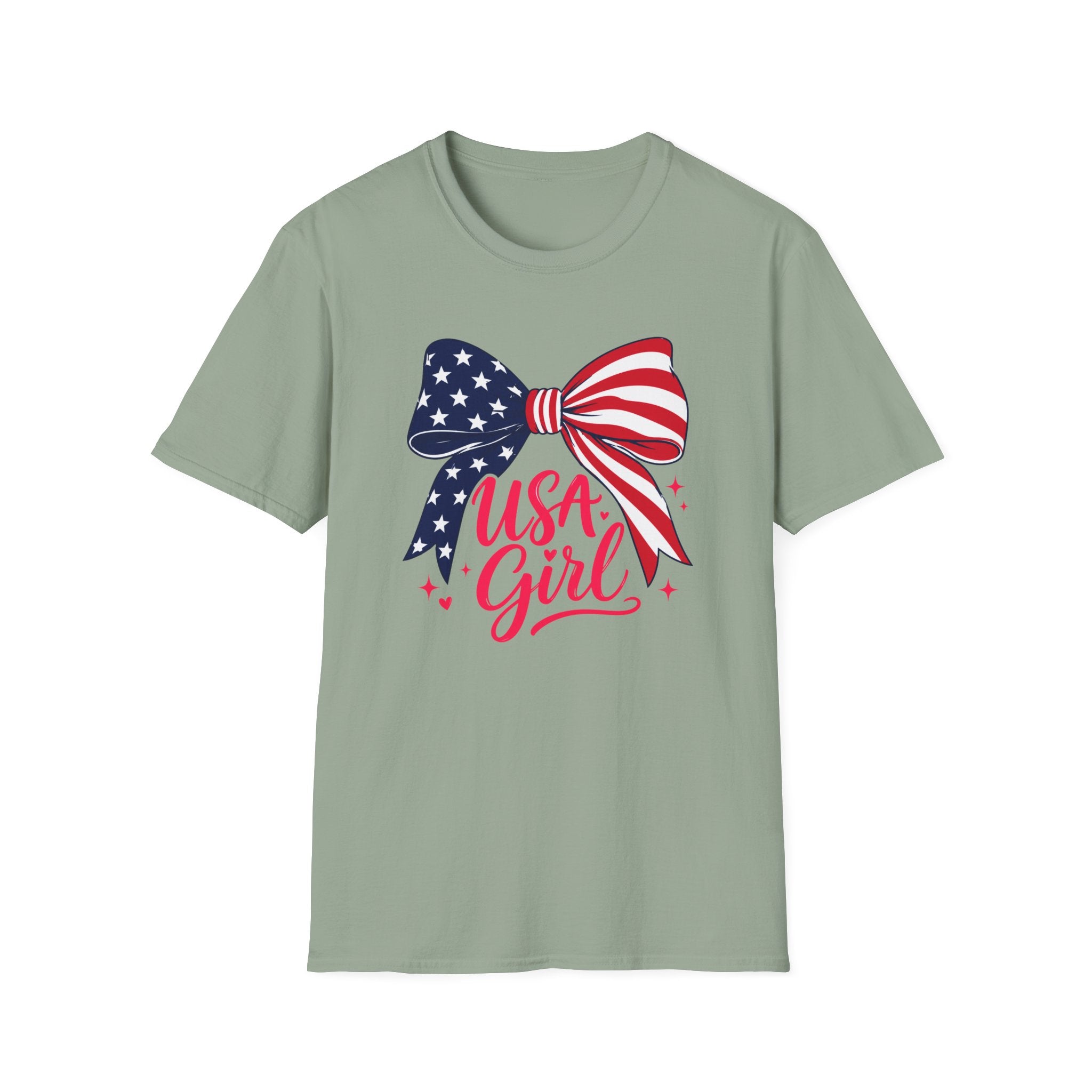 USA Girl T-Shirt, Coquette Flag Bow Pink Script Tee, 4th of July Girl Shirt Women Teens, Stars Stripes Bow Sparkle Patriotic Gift, Cute Pink Script Independence Day Tee