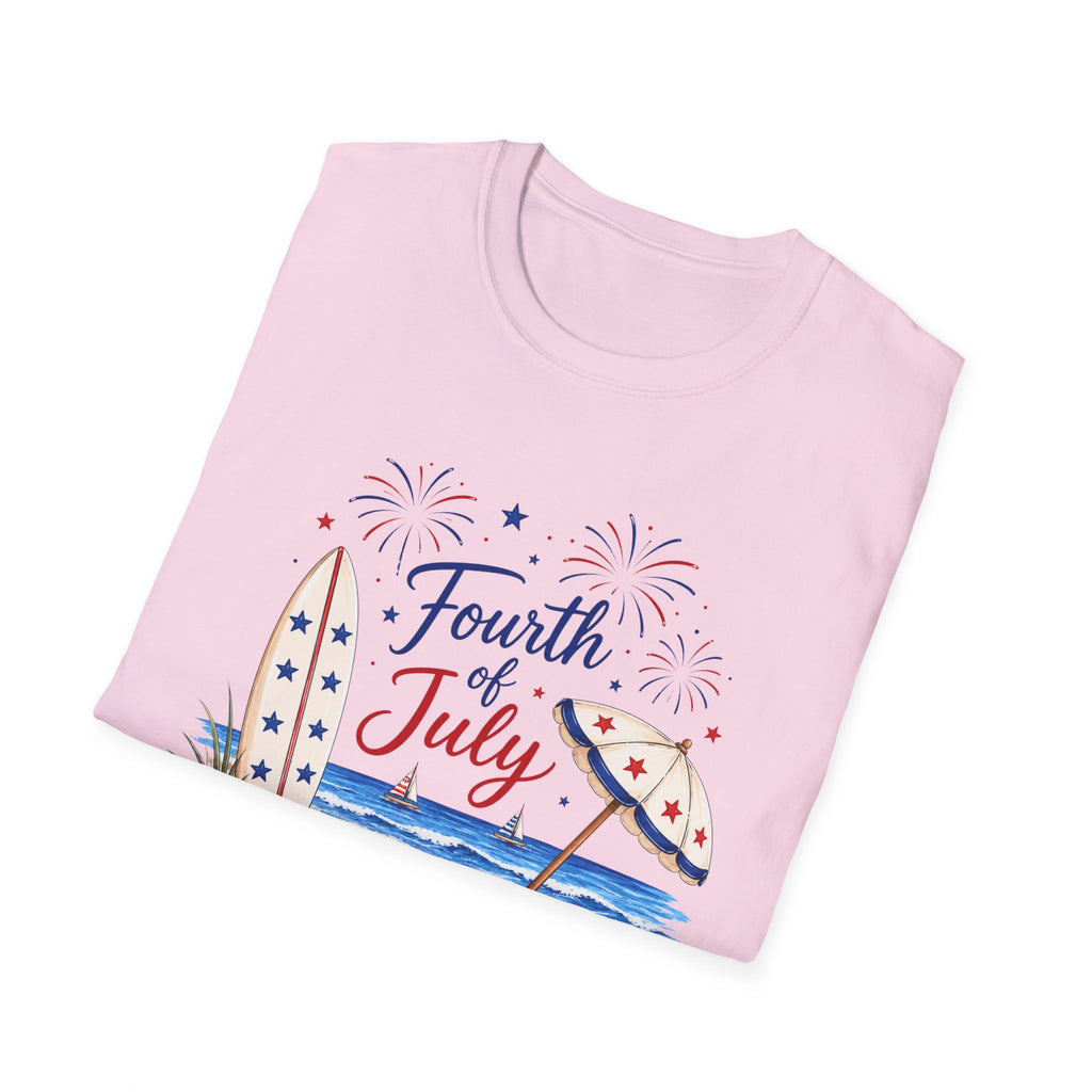 Fourth of July Beach Scene T-Shirt, Patriotic Summer Ocean Surfboard Tee, 4th of July Beach Vacation Shirt, Fireworks Umbrella Surfboard America