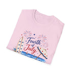 Fourth of July Beach Scene T-Shirt, Patriotic Summer Ocean Surfboard Tee, 4th of July Beach Vacation Shirt, Fireworks Umbrella Surfboard America