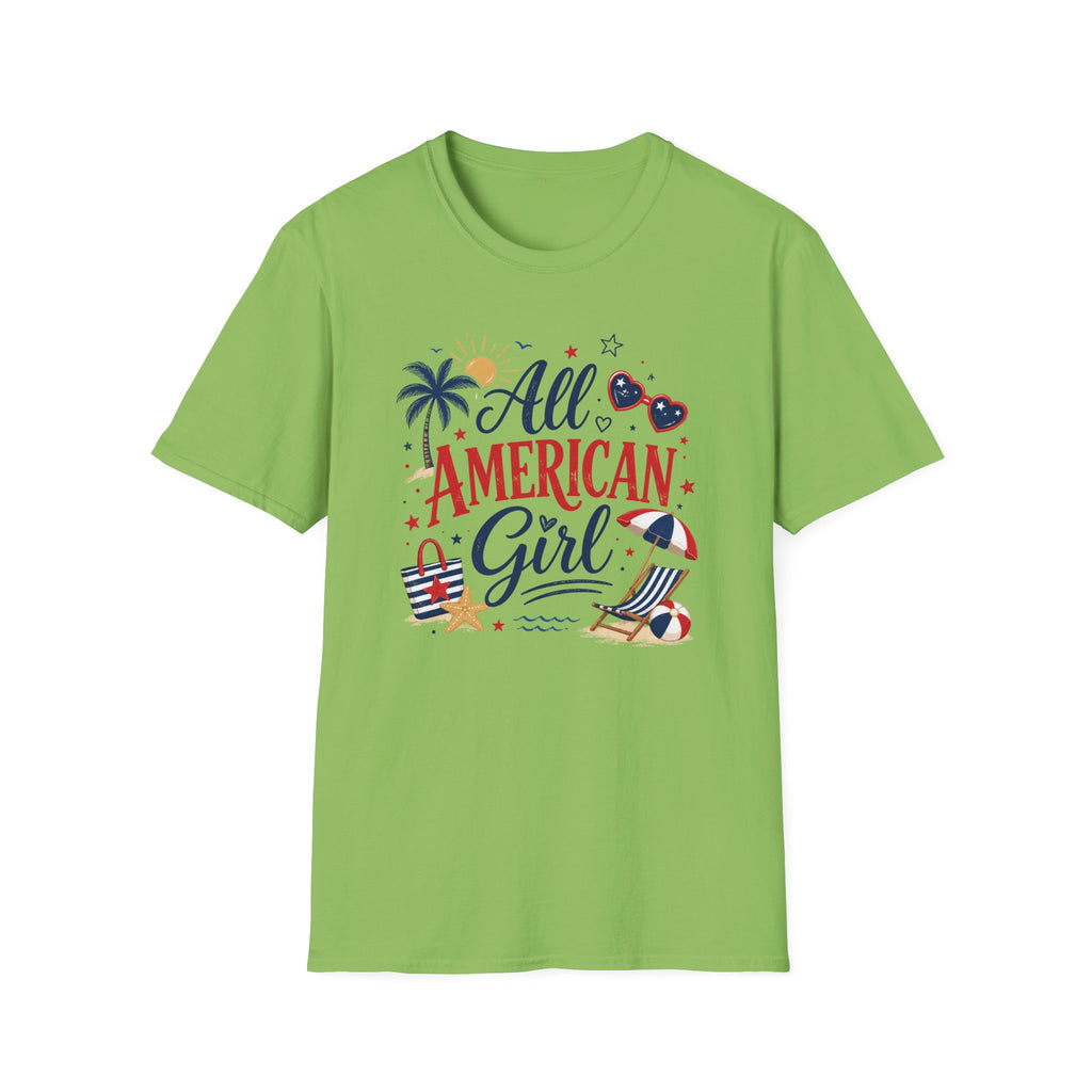 All American Girl Graphic Tee - Patriotic 4th of July Summer Beach T-Shirt