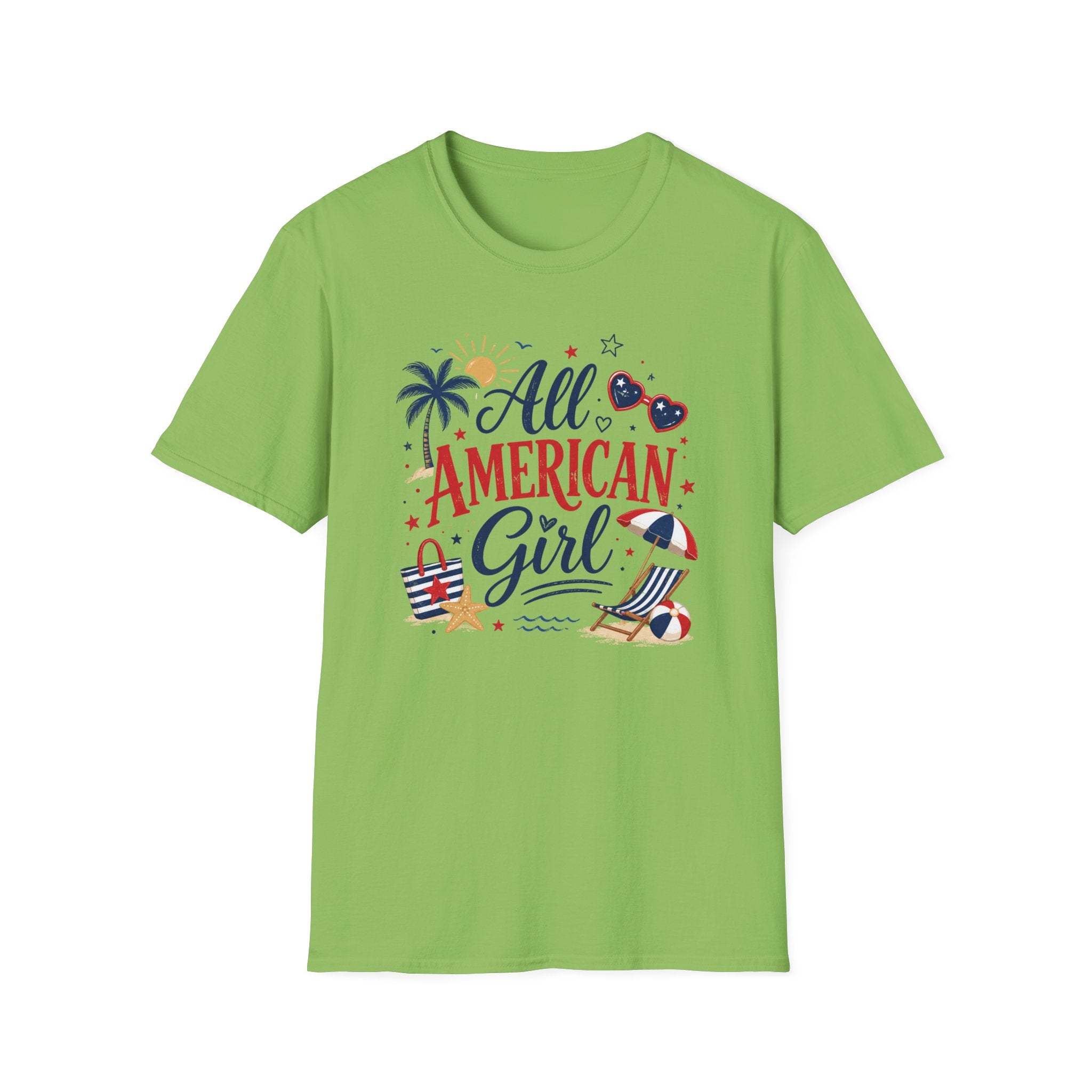 All American Girl Graphic Tee - Patriotic 4th of July Summer Beach T-Shirt