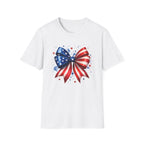 Watercolor American Flag Bow 4th of July Graphic Tee Stars Stripes - Patriotic Coquette T-Shirt